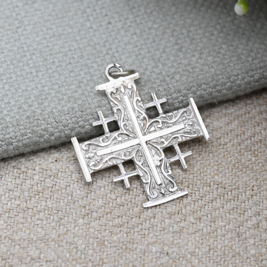 Vintage Sterling Silver Jerusalem Cross Pendant - Crusader Cross with Scrolling Design | Pretty Mid-Century Israel Jewellery