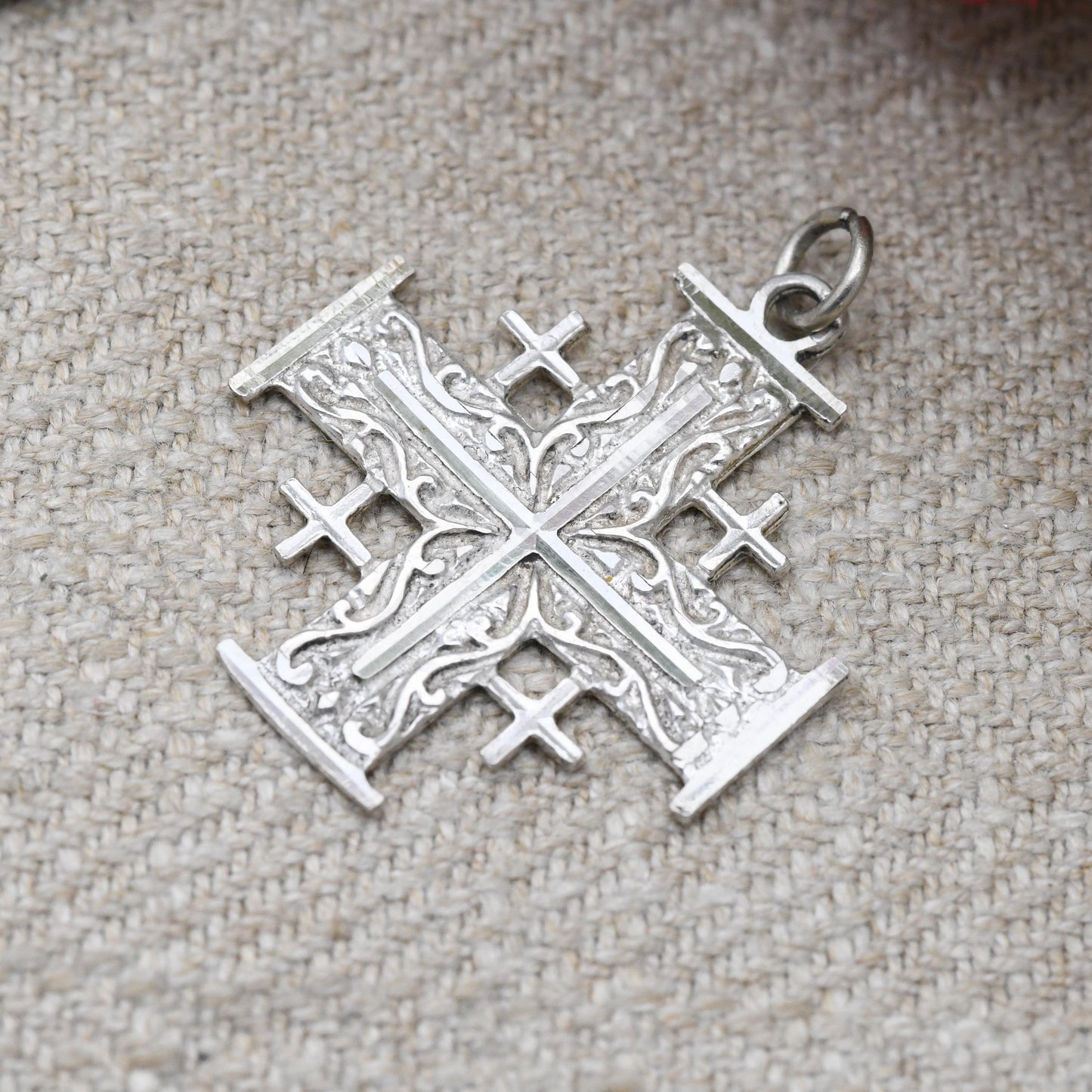 Vintage Sterling Silver Jerusalem Cross Pendant - Crusader Cross with Scrolling Design | Pretty Mid-Century Israel Jewellery