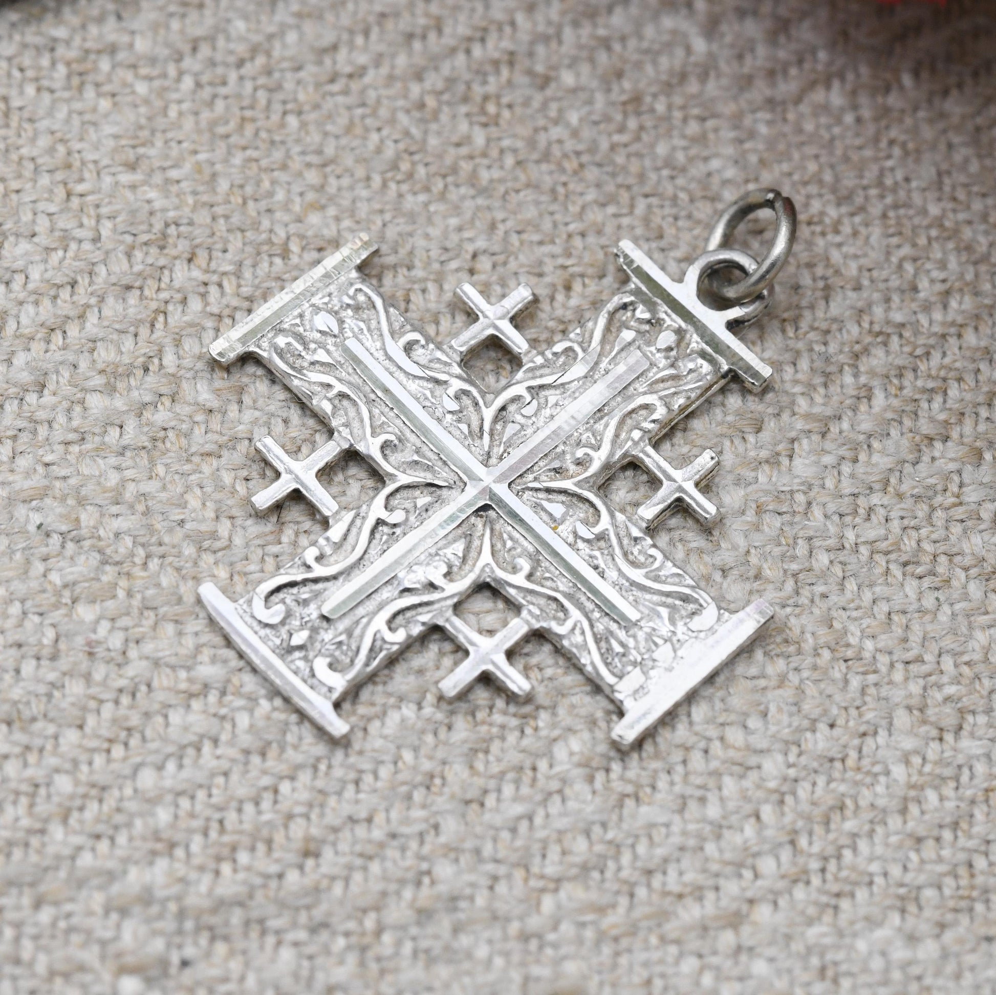 Vintage Sterling Silver Jerusalem Cross Pendant - Crusader Cross with Scrolling Design | Pretty Mid-Century Israel Jewellery