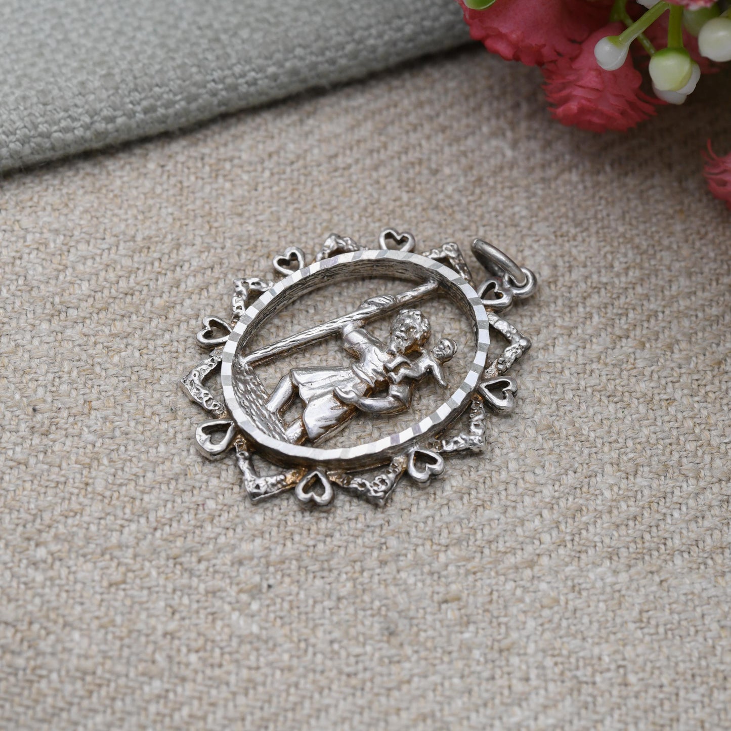 Vintage Sterling Silver St. Christopher Oval Shaped Pendant Engraved | Openwork Design | Saint of Travelling | Religious Jewellery