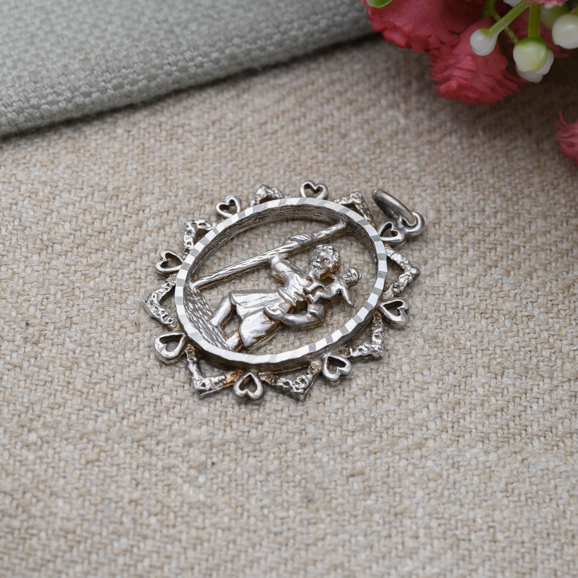 Vintage Sterling Silver St. Christopher Oval Shaped Pendant Engraved | Openwork Design | Saint of Travelling | Religious Jewellery