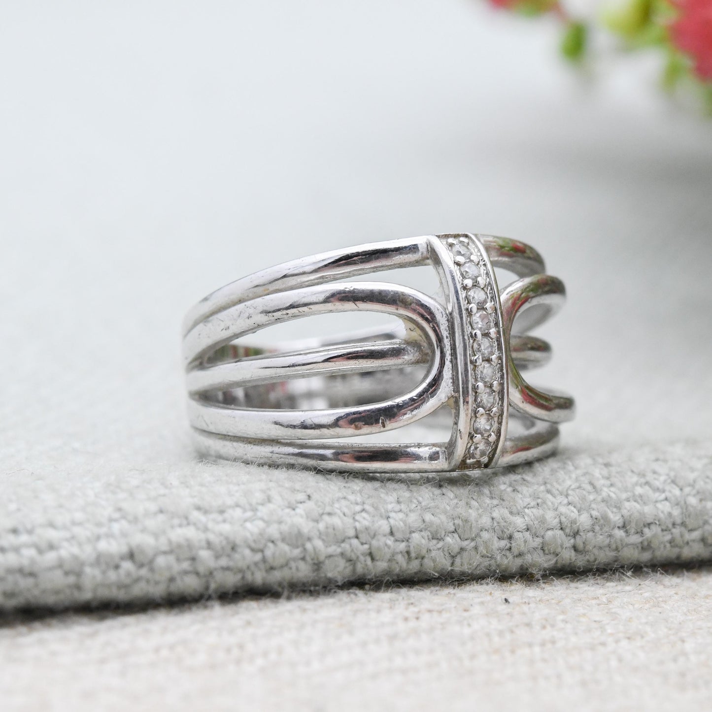 Vintage Sterling Silver Clear Stone Openwork Ring - Chunky Minimalist Pavé White Stone | UK Size - O 1/2 | US Size - 7 1/4
