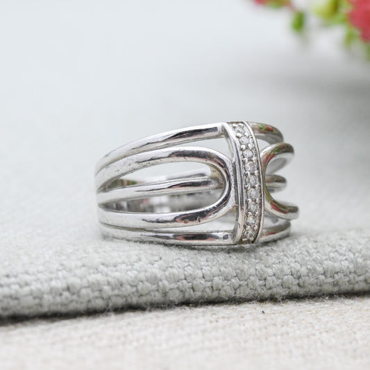 Vintage Sterling Silver Clear Stone Openwork Ring - Chunky Minimalist Pavé White Stone | UK Size - O 1/2 | US Size - 7 1/4