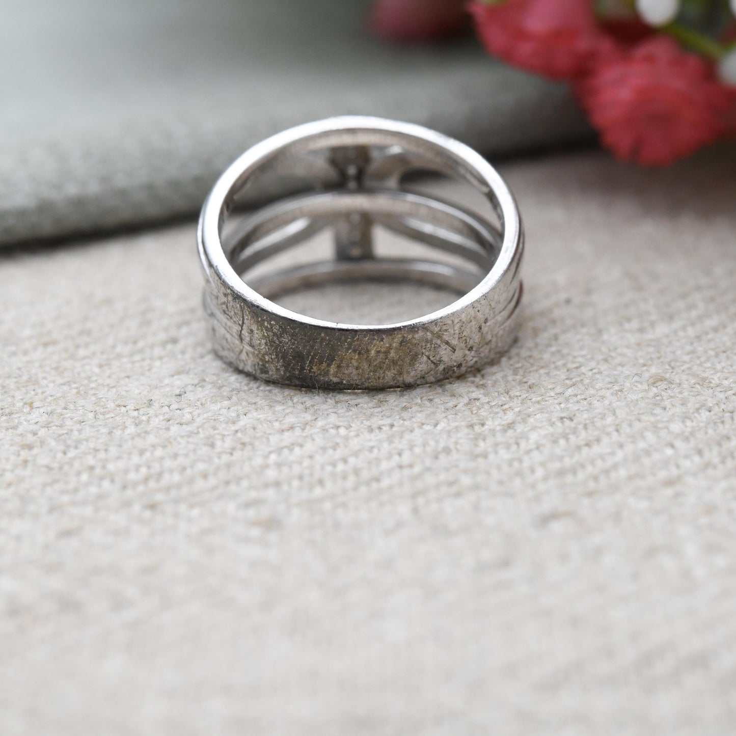 Vintage Sterling Silver Clear Stone Openwork Ring - Chunky Minimalist Pavé White Stone | UK Size - O 1/2 | US Size - 7 1/4
