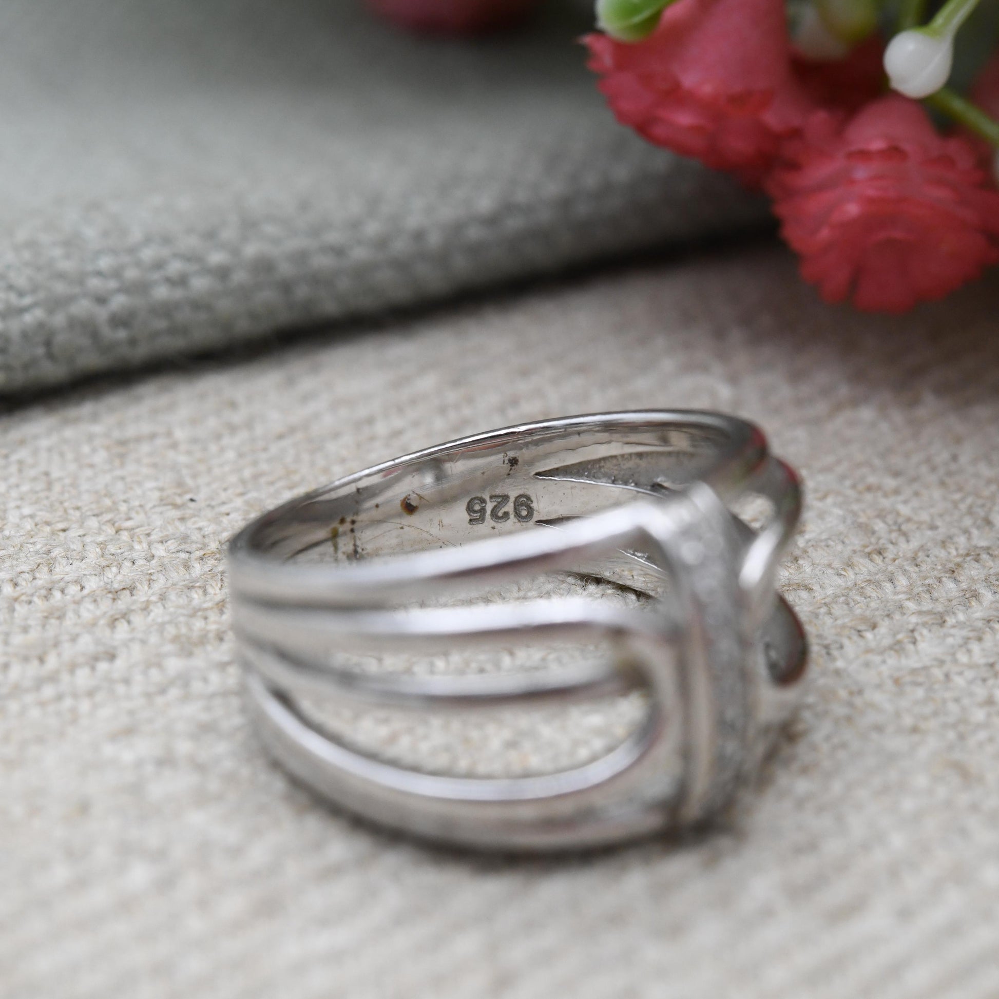 Vintage Sterling Silver Clear Stone Openwork Ring - Chunky Minimalist Pavé White Stone | UK Size - O 1/2 | US Size - 7 1/4