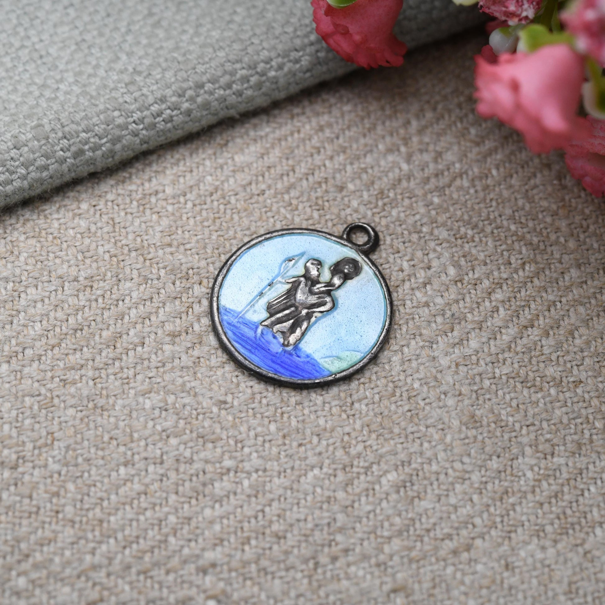 Vintage Sterling Silver St. Christopher Pendant Mid-Century - Enamel | Circle | Saint of Travelling | Christian Religious Gift