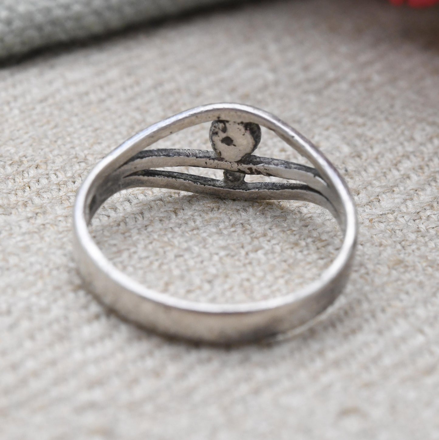Vintage Sterling Silver Abstract Eye Shape Ring - Minimalist Openwork Ball Unisex Jewellery | UK Size - Q | US Size - 8