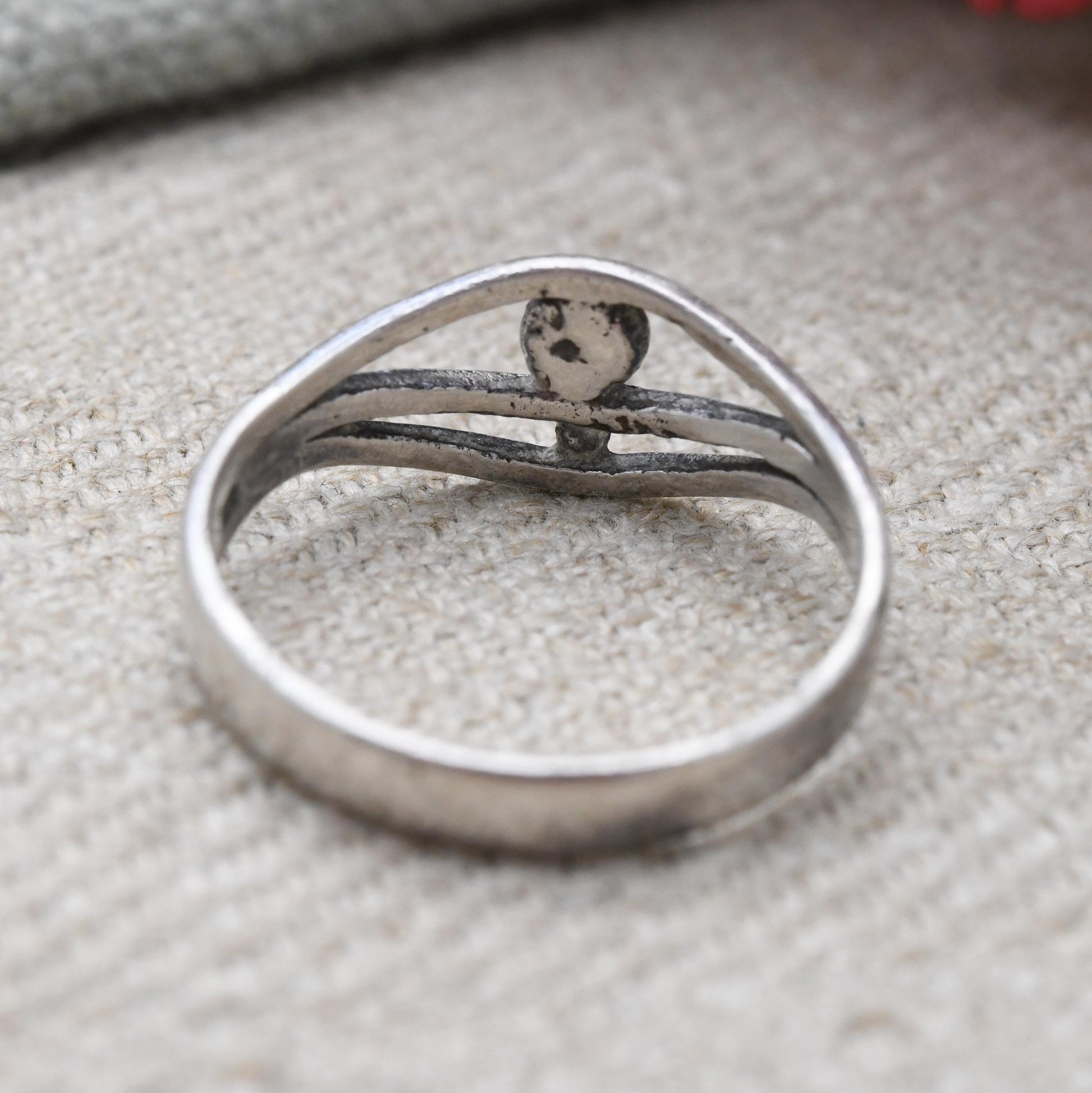 Vintage Sterling Silver Abstract Eye Shape Ring - Minimalist Openwork Ball Unisex Jewellery | UK Size - Q | US Size - 8