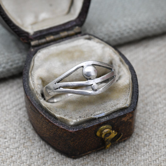 Vintage Sterling Silver Abstract Eye Shape Ring - Minimalist Openwork Ball Unisex Jewellery | UK Size - Q | US Size - 8