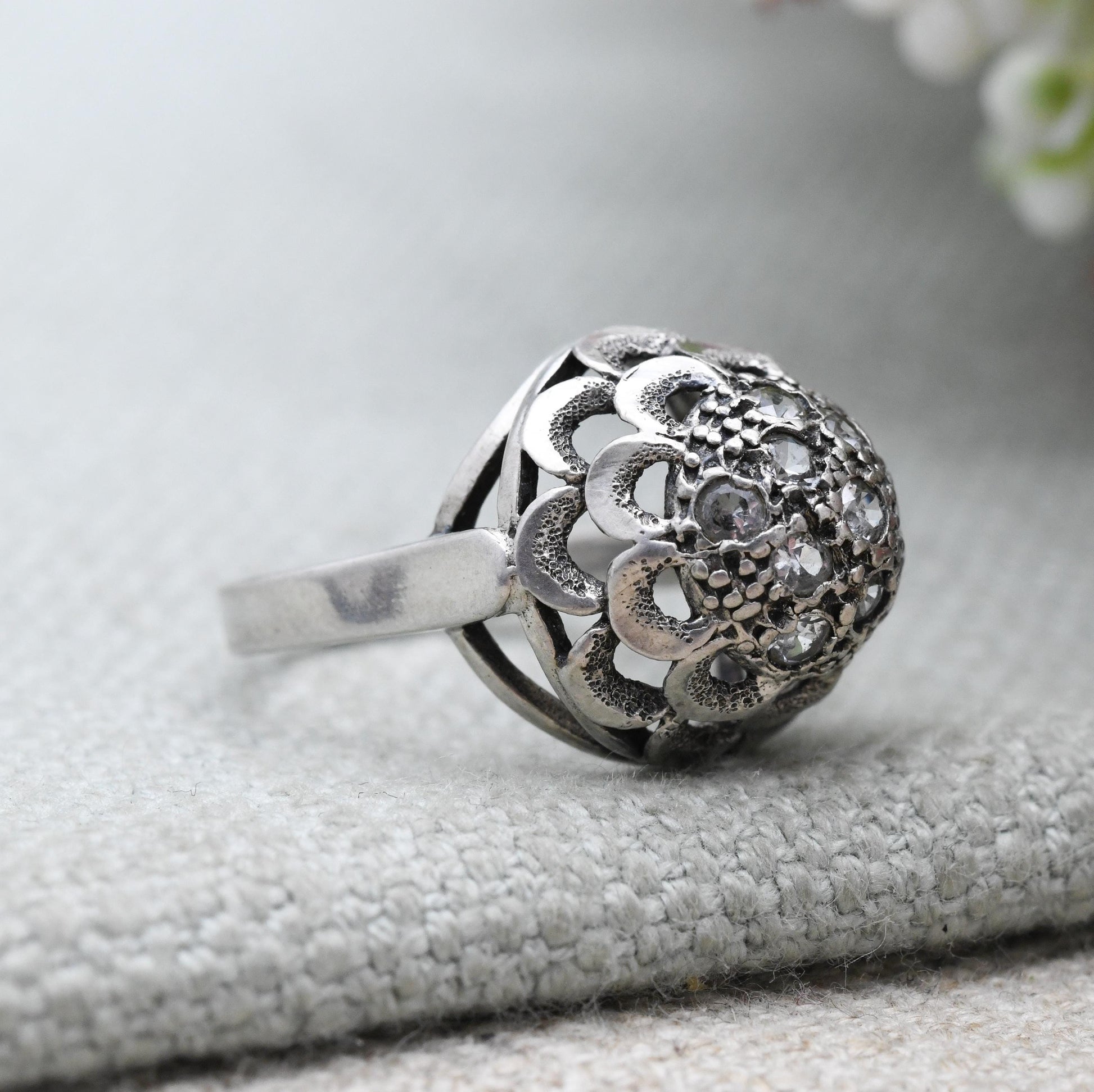 Vintage Sterling Silver Boule Cluster Ring - Clear Stones | Statement Cocktail Ring | Sparkly Ball | UK Size - H | US Size - 3 3/4