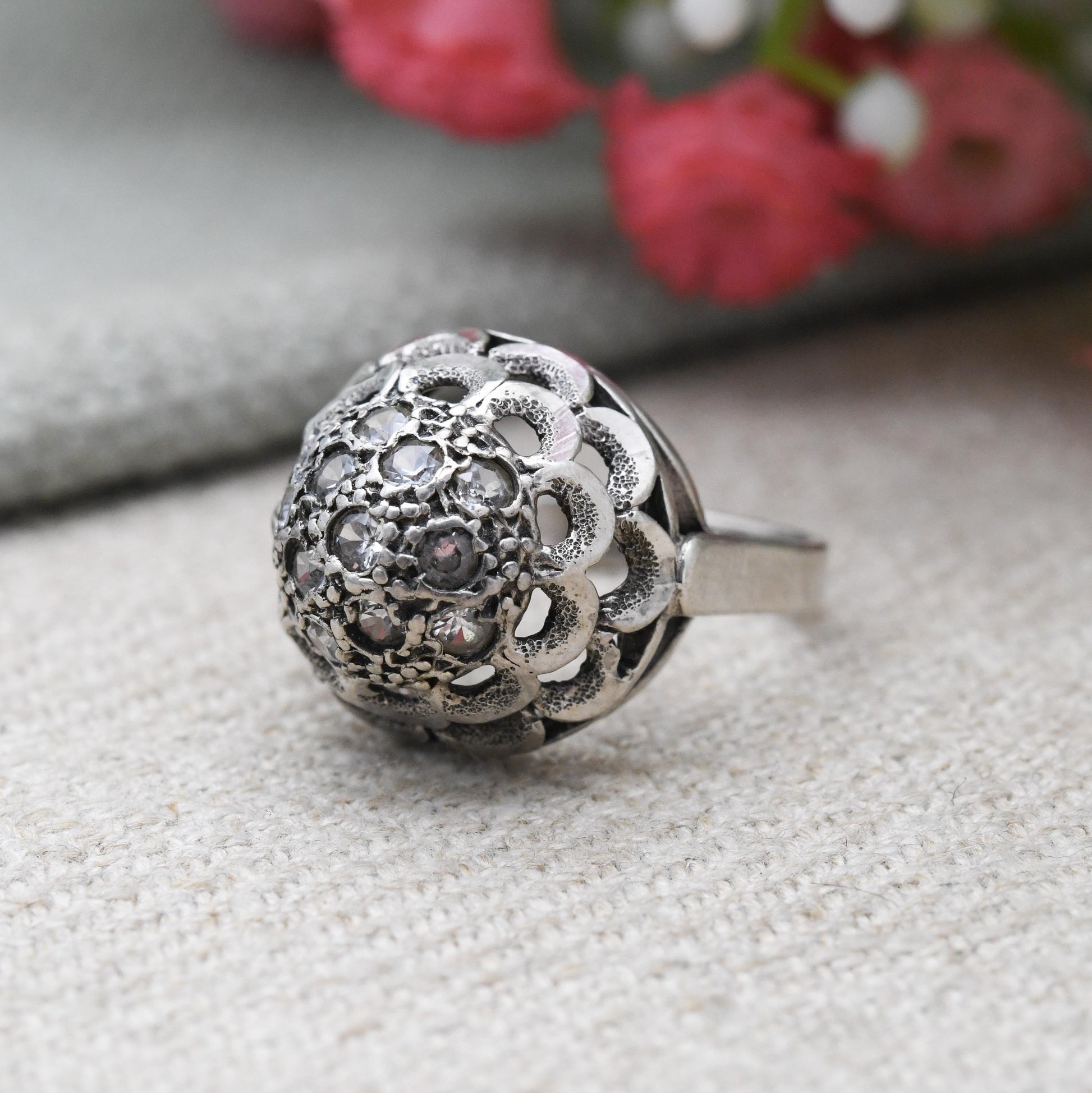 Vintage Sterling Silver Boule Cluster Ring - Clear Stones | Statement Cocktail Ring | Sparkly Ball | UK Size - H | US Size - 3 3/4