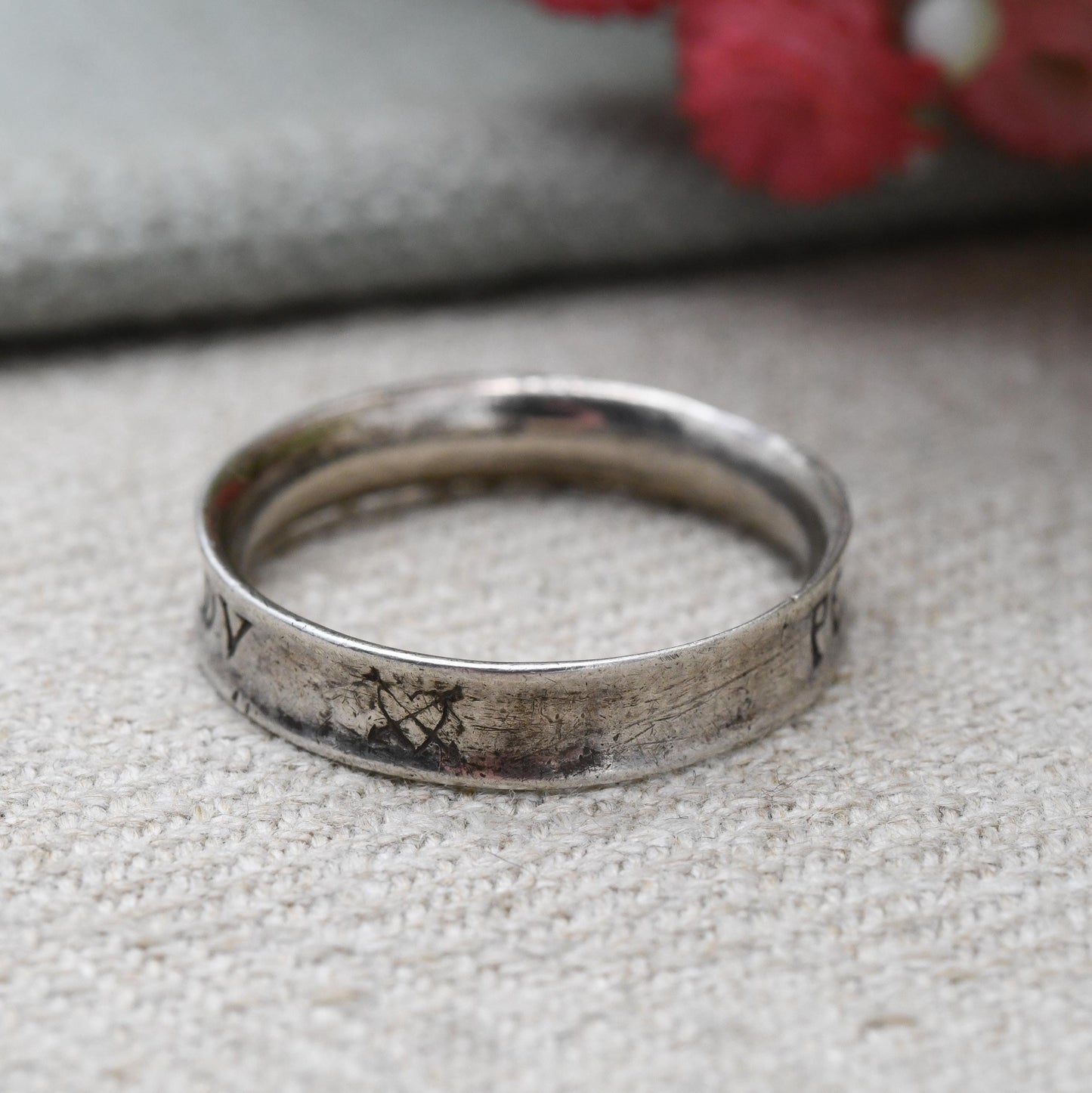 Vintage Sterling Silver Posy Ring Pences Povr Moye Dv - Think of Me God Willing Inscription Museum of London Ring | Size UK - T | US - 9 1/2