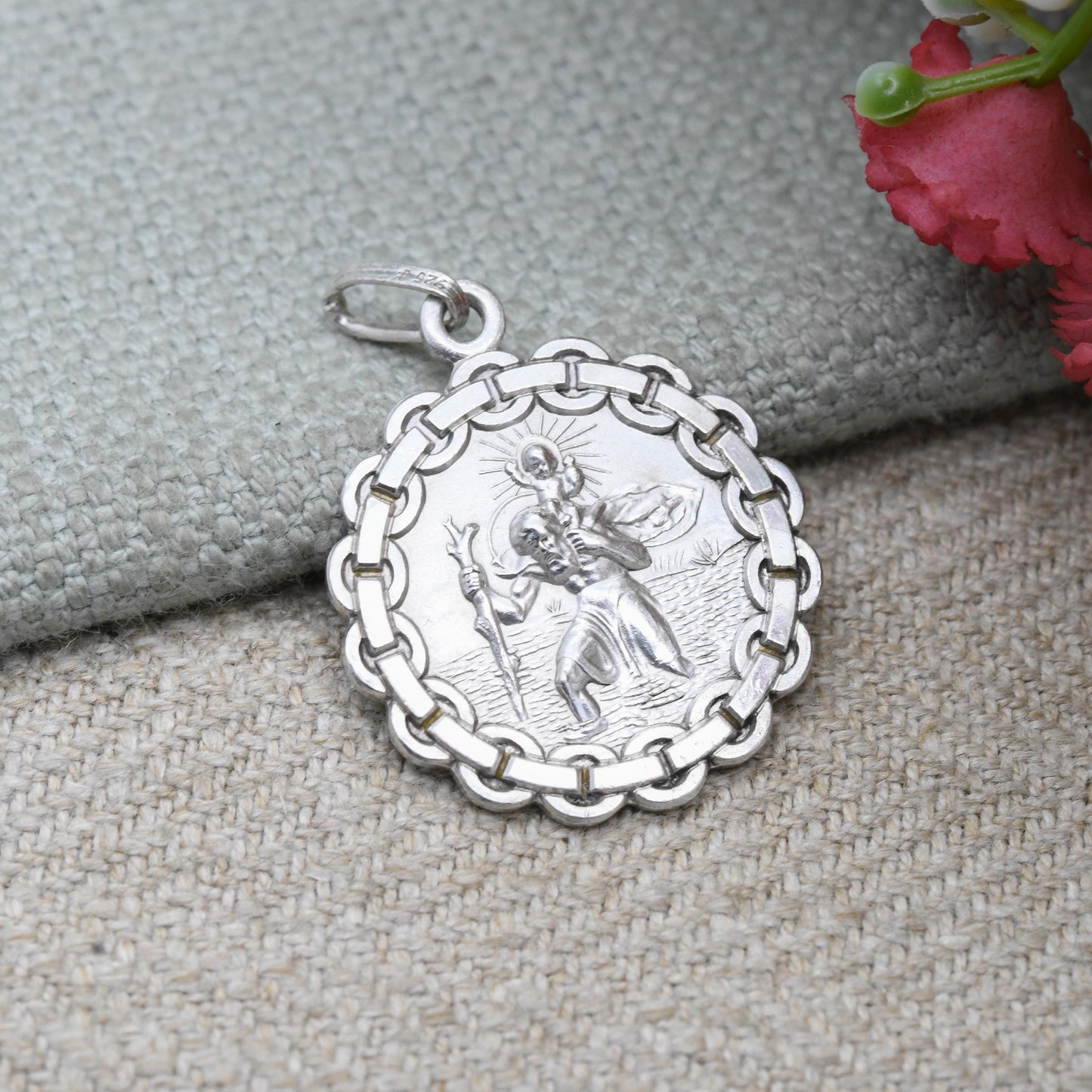 Vintage Sterling Silver St. Christopher Pendant - Decorated Border Circle Saint of Travelling | Christian Jewellery | Gift for Necklace