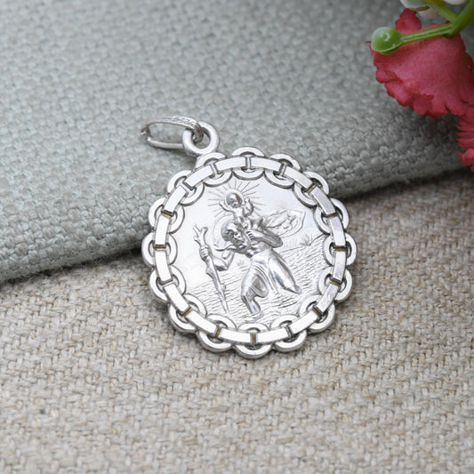 Vintage Sterling Silver St. Christopher Pendant - Decorated Border Circle Saint of Travelling | Christian Jewellery | Gift for Necklace