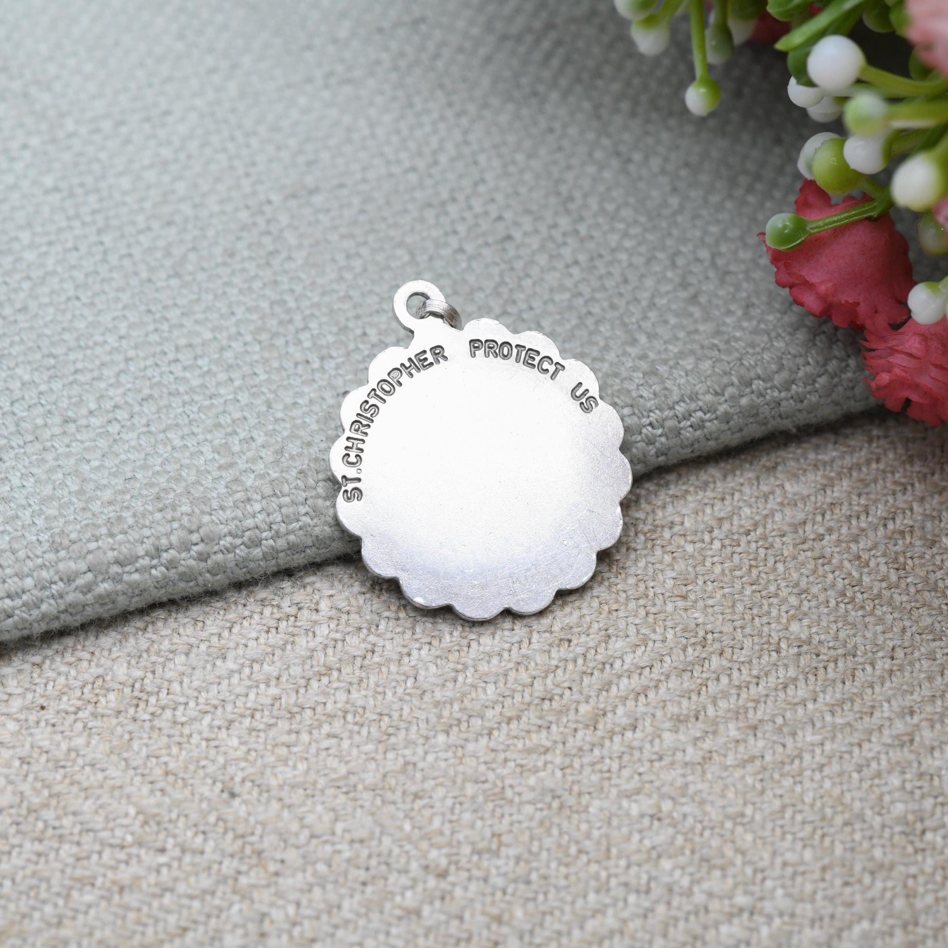Vintage Sterling Silver St. Christopher Pendant - Decorated Border Circle Saint of Travelling | Christian Jewellery | Gift for Necklace