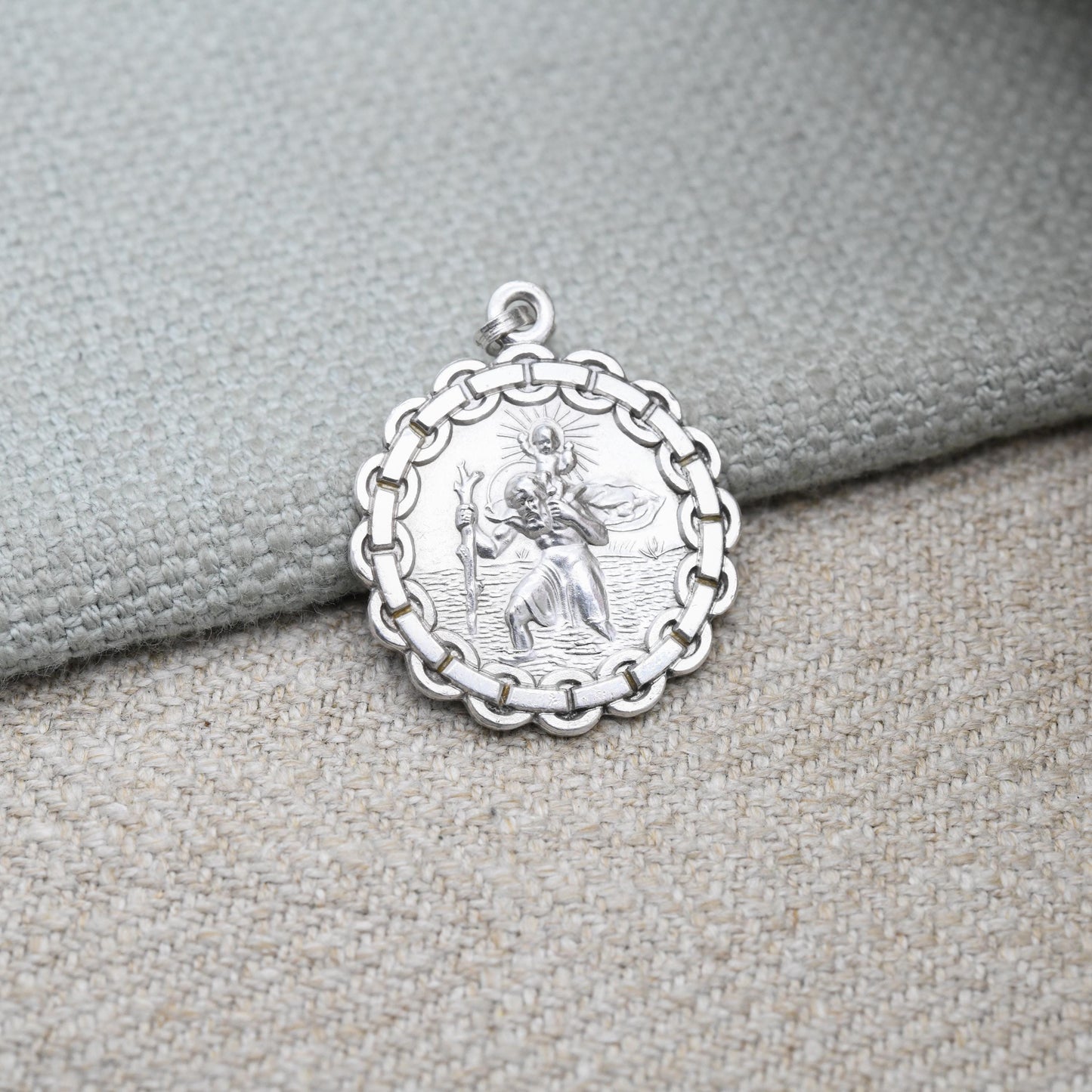 Vintage Sterling Silver St. Christopher Pendant - Decorated Border Circle Saint of Travelling | Christian Jewellery | Gift for Necklace