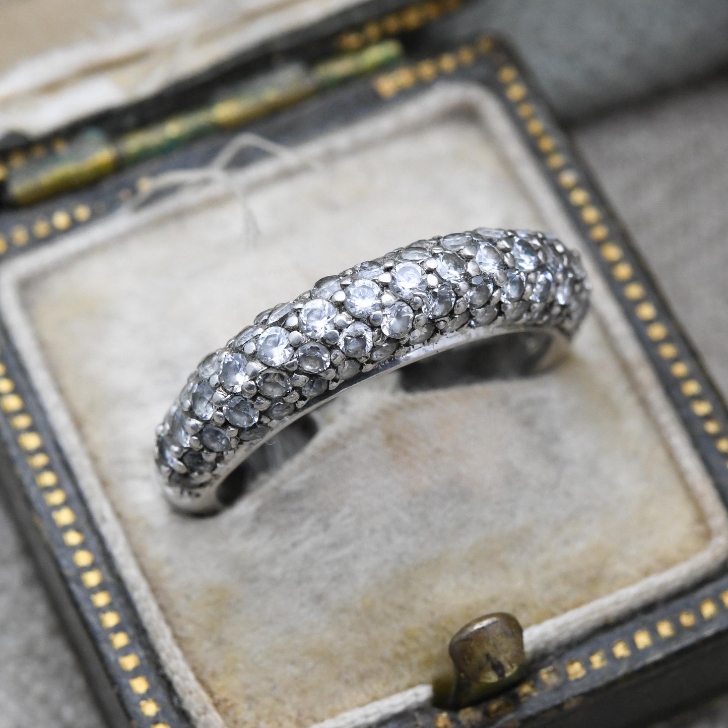 Vintage Sterling Silver Boule Ring - Clear Stone Half Hoop | Gift for Her | UK Size - J | US Size - 4 3/4