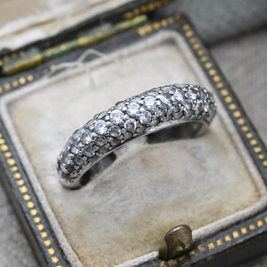 Vintage Sterling Silver Boule Ring - Clear Stone Half Hoop | Gift for Her | UK Size - J | US Size - 4 3/4