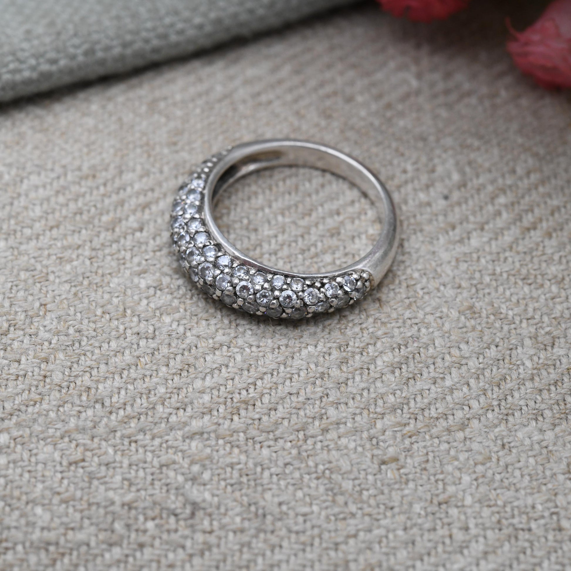Vintage Sterling Silver Boule Ring - Clear Stone Half Hoop | Gift for Her | UK Size - J | US Size - 4 3/4