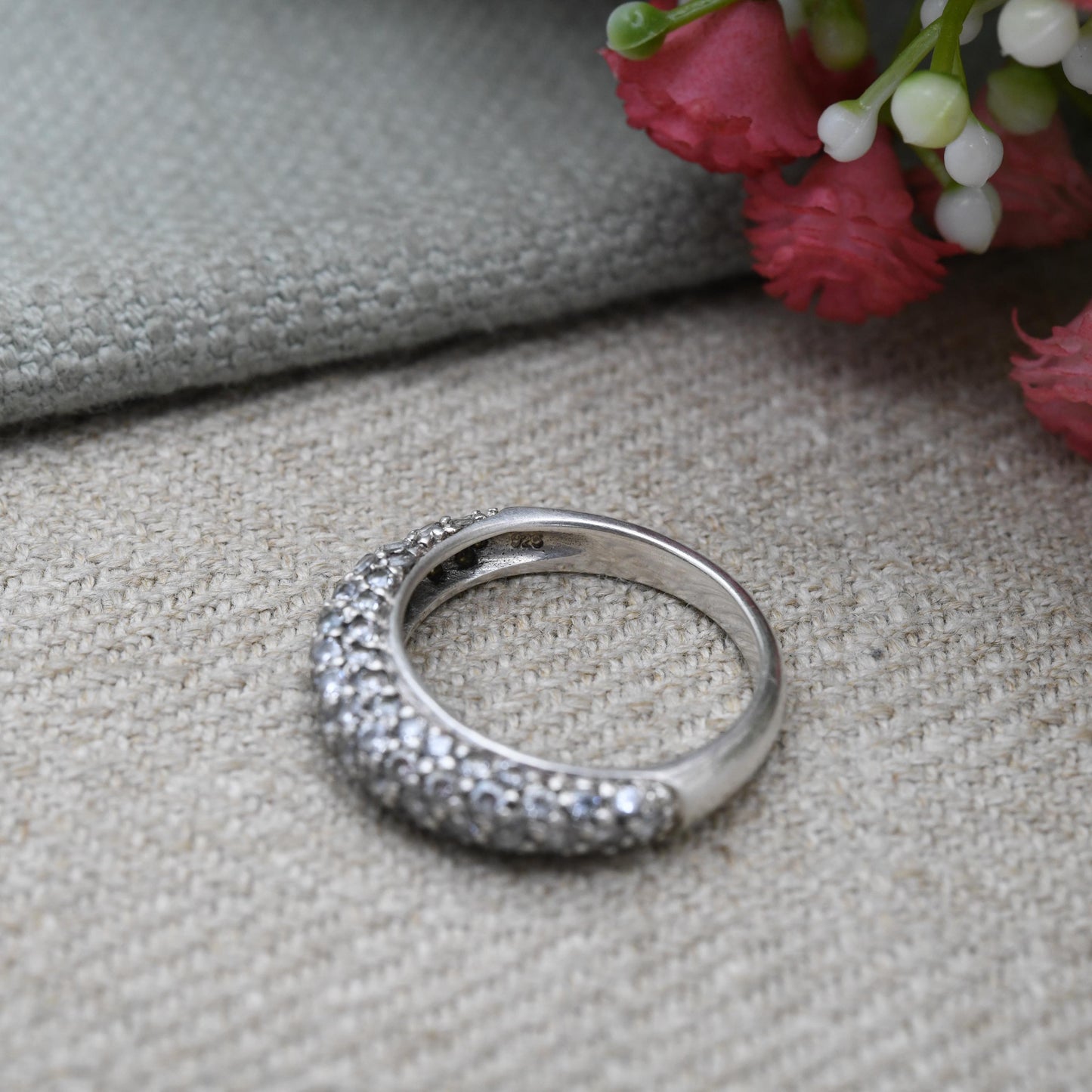 Vintage Sterling Silver Boule Ring - Clear Stone Half Hoop | Gift for Her | UK Size - J | US Size - 4 3/4