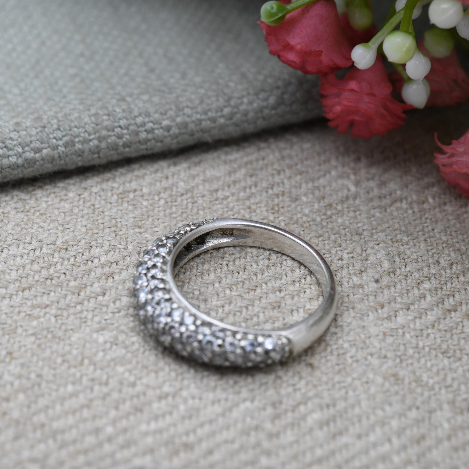 Vintage Sterling Silver Boule Ring - Clear Stone Half Hoop | Gift for Her | UK Size - J | US Size - 4 3/4
