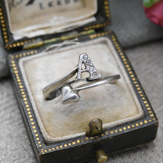 Vintage Sterling Silver Letter A Love Heart Ring - Clear Stone Y2K Jewellery | Romantic Gift for Her | UK Size - L | US Size - 5 3/4