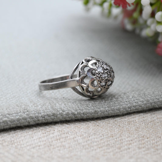 Vintage Sterling Silver Boule Cluster Ring - Clear Stones | Statement Cocktail Ring | Sparkly Ball | UK Size - O 1/2 | US Size - 7 1/2