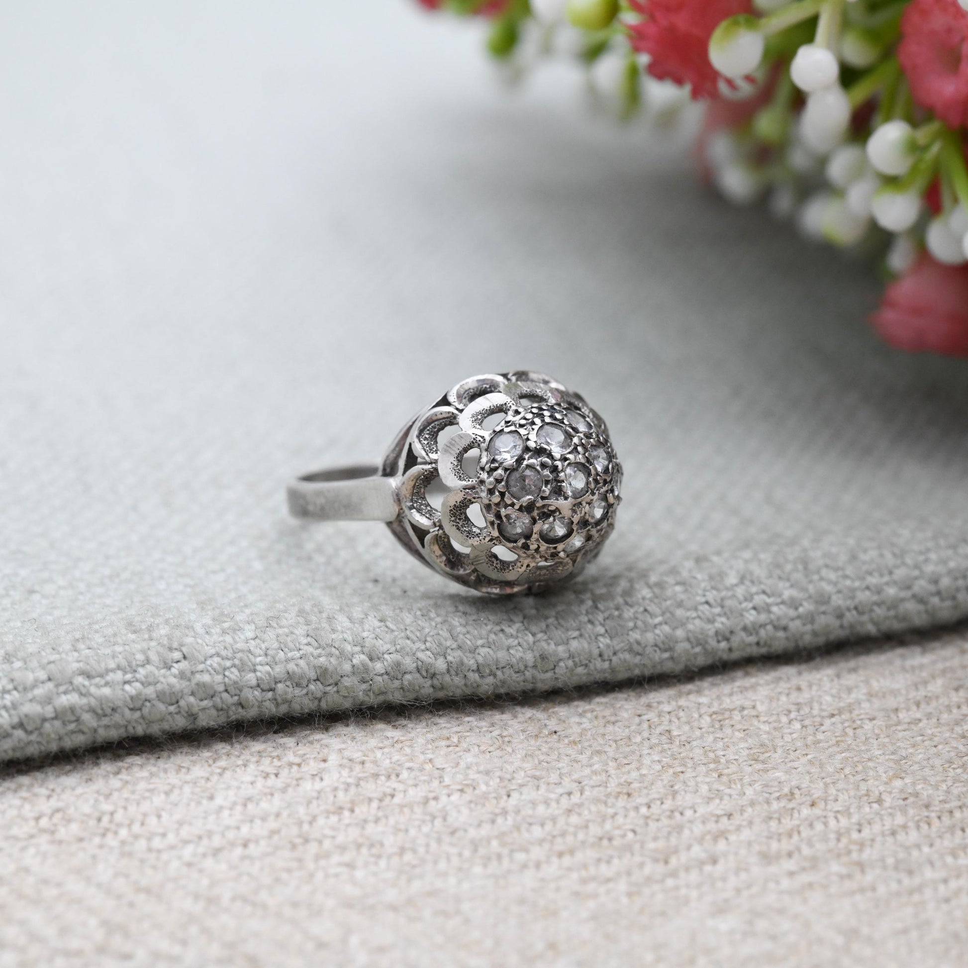 Vintage Sterling Silver Boule Cluster Ring - Clear Stones | Statement Cocktail Ring | Sparkly Ball | UK Size - O 1/2 | US Size - 7 1/2