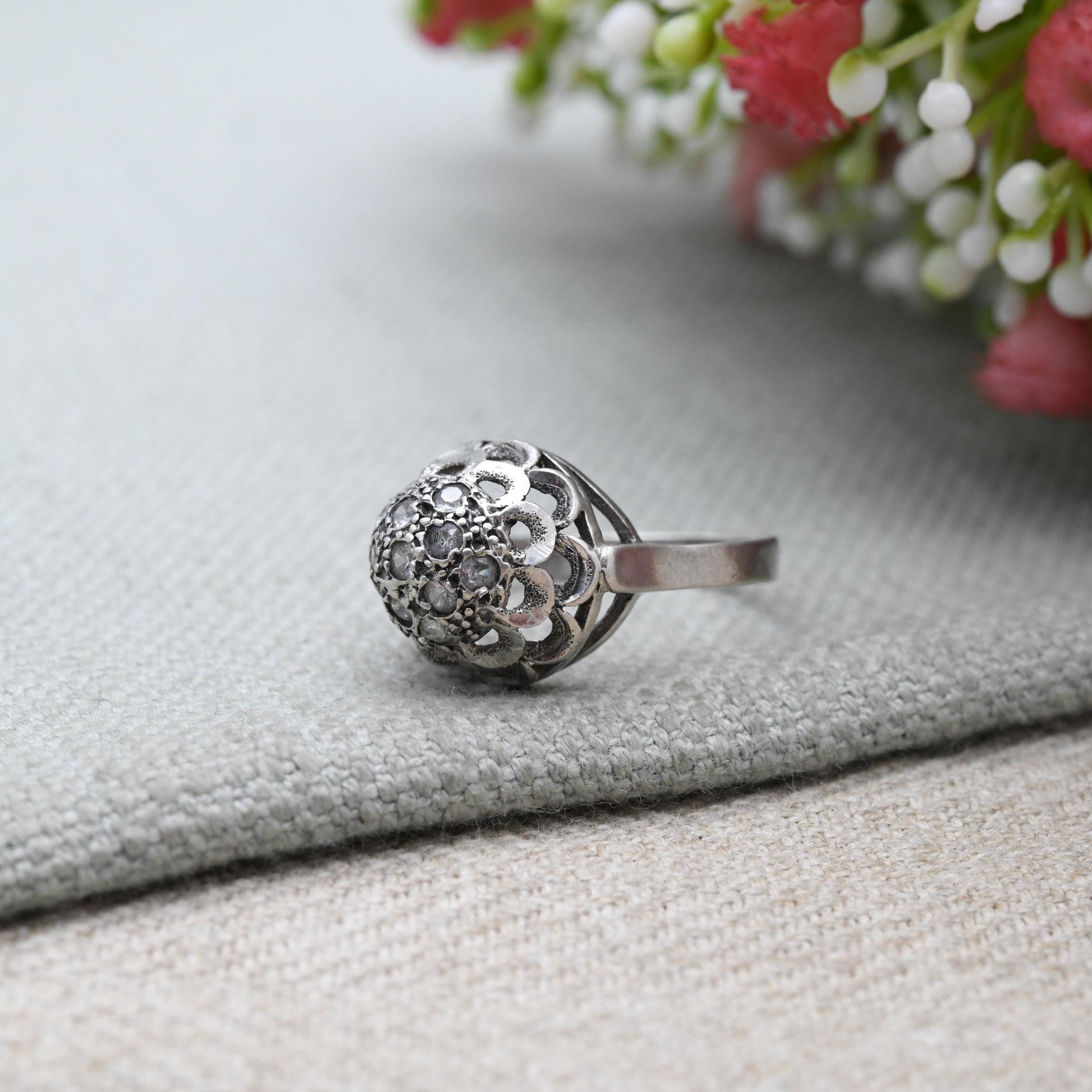 Vintage Sterling Silver Boule Cluster Ring - Clear Stones | Statement Cocktail Ring | Sparkly Ball | UK Size - O 1/2 | US Size - 7 1/2