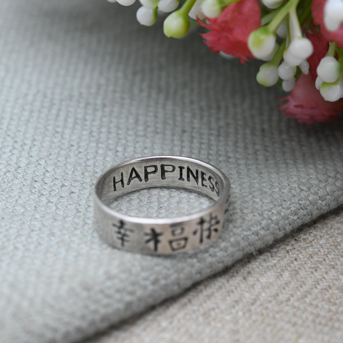 Vintage Sterling Silver Chinese Happiness Band Ring - Unisex Silver Band | Secret Message | UK Size - N | US Size - 6 3/4