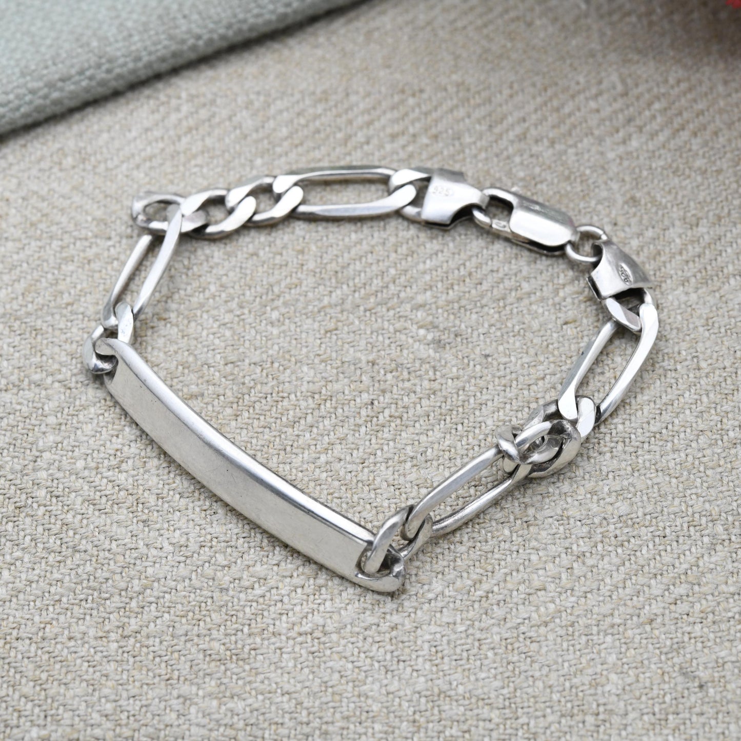 Vintage Italian Sterling Silver ID Bracelet - Figaro Links | Charm Bracelet | Unisex Jewellery Gift for Him