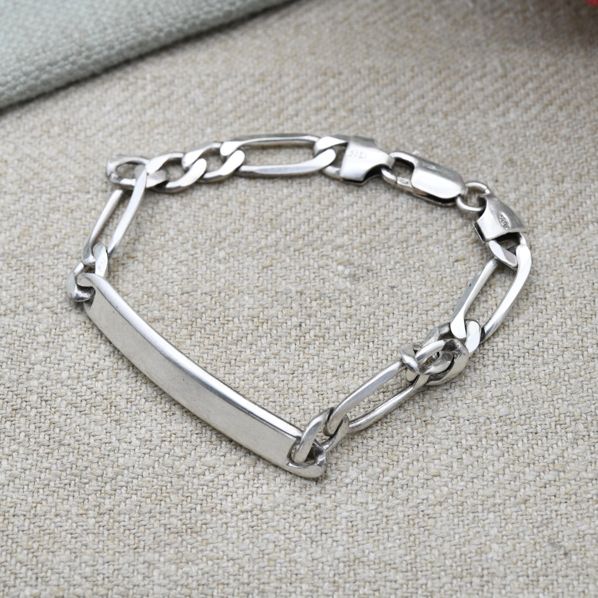 Vintage Italian Sterling Silver ID Bracelet - Figaro Links | Charm Bracelet | Unisex Jewellery Gift for Him