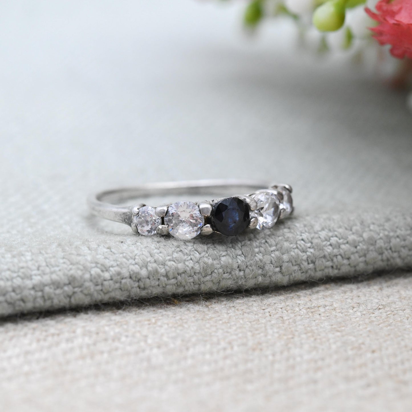 Vintage Sterling Silver Sapphire and Clear 5 Stone Ring - Mid-Century Cocktail Ring with Sparkly Stones | UK Size - T 1/2 US Size - 10
