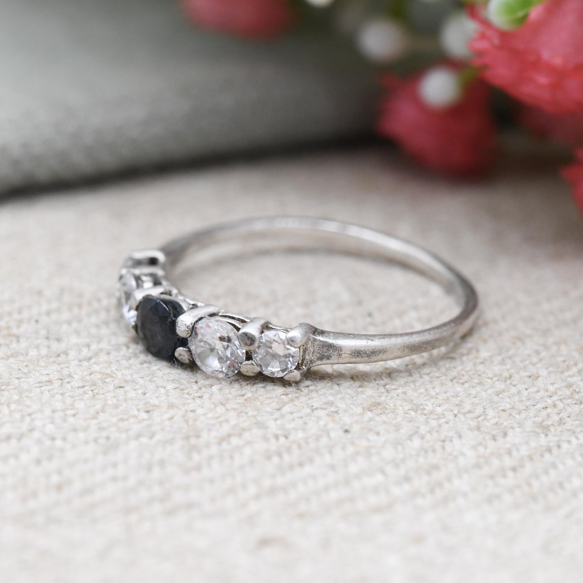 Vintage Sterling Silver Sapphire and Clear 5 Stone Ring - Mid-Century Cocktail Ring with Sparkly Stones | UK Size - T 1/2 US Size - 10