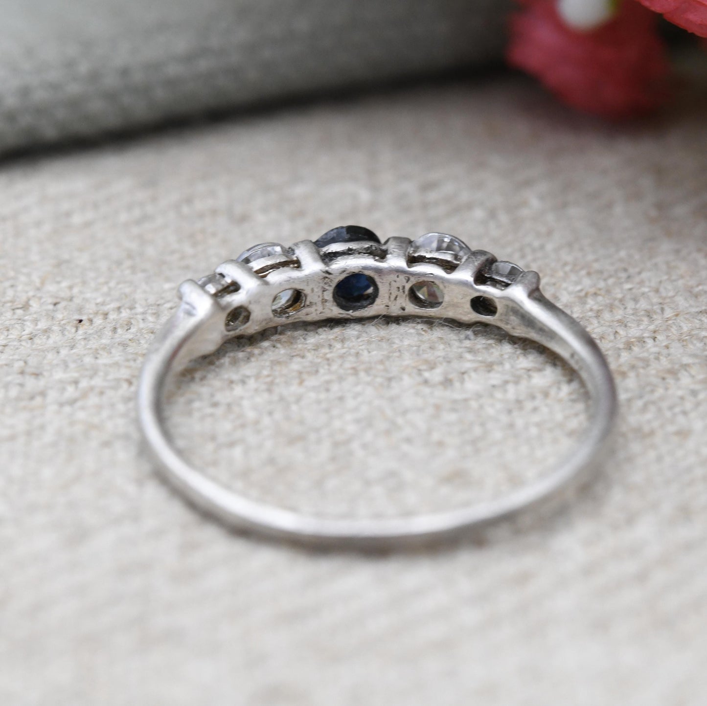 Vintage Sterling Silver Sapphire and Clear 5 Stone Ring - Mid-Century Cocktail Ring with Sparkly Stones | UK Size - T 1/2 US Size - 10