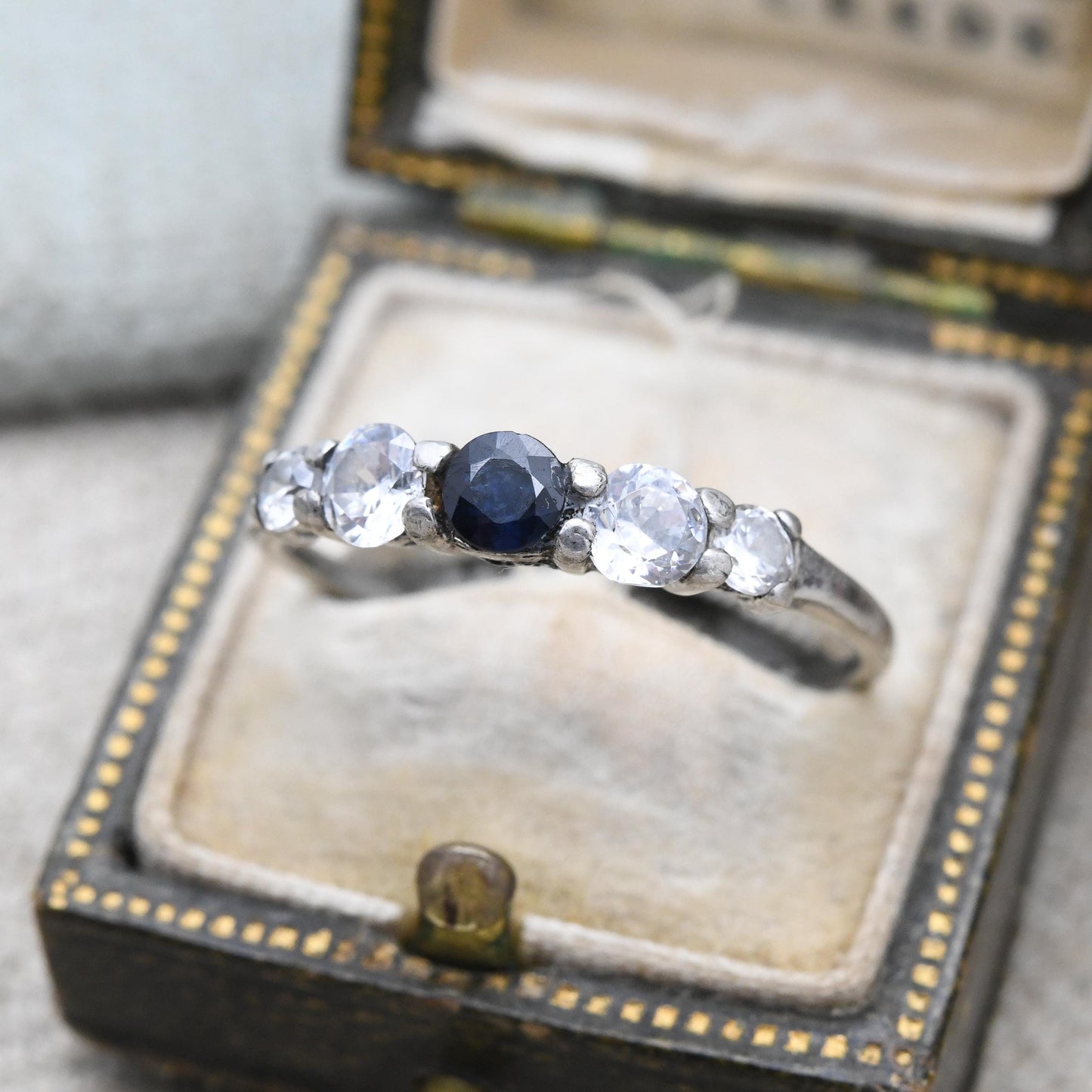 Vintage Sterling Silver Sapphire and Clear 5 Stone Ring - Mid-Century Cocktail Ring with Sparkly Stones | UK Size - T 1/2 US Size - 10