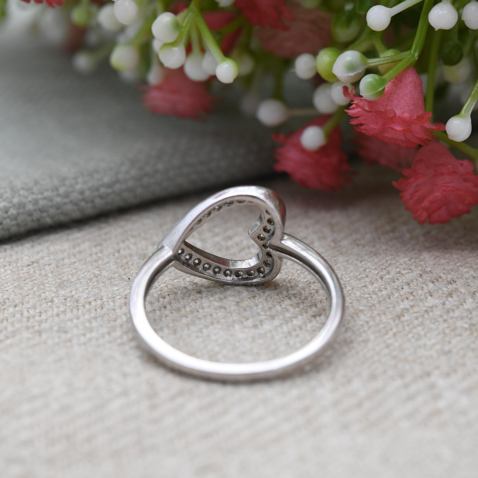 Vintage Sterling Silver and CZ Heart Ring - Sparkly Clear Stone | Openwork Love Heart | Gift for Her | UK Size - S | US Size - 9 1/4