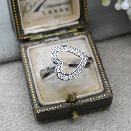 Vintage Sterling Silver and CZ Heart Ring - Sparkly Clear Stone | Openwork Love Heart | Gift for Her | UK Size - S | US Size - 9 1/4