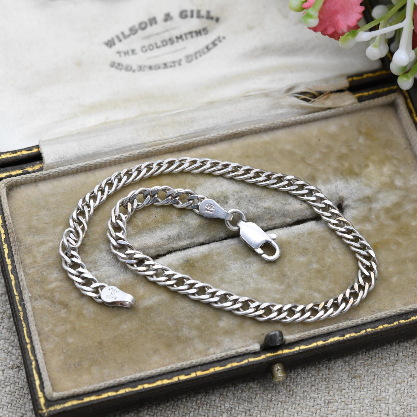 Milor Sterling Silver Chain Bracelet - Italian Double Flat Curb Links | Charm Bracelet | Gift for Him | Gift for Her