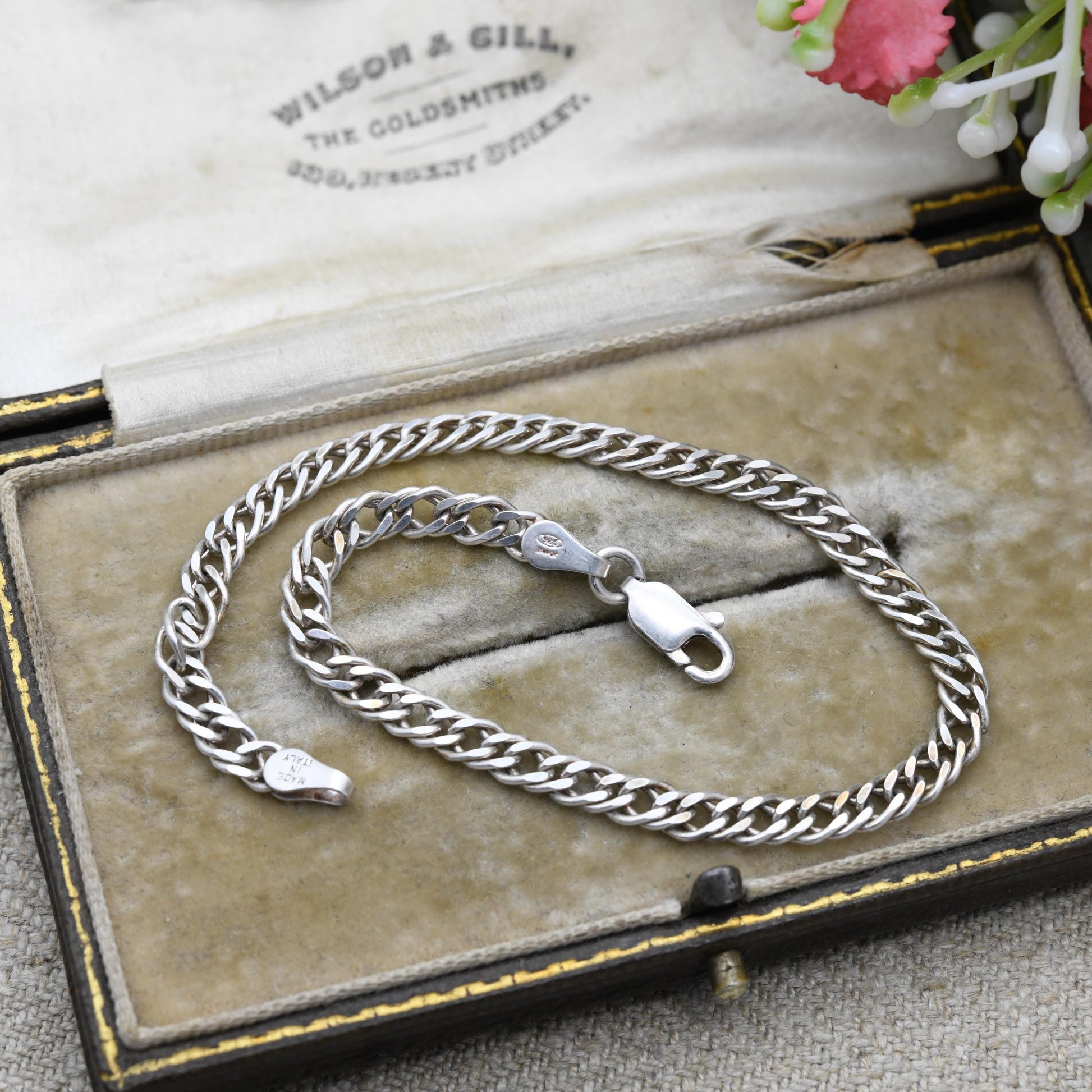 Milor Sterling Silver Chain Bracelet - Italian Double Flat Curb Links | Charm Bracelet | Gift for Him | Gift for Her
