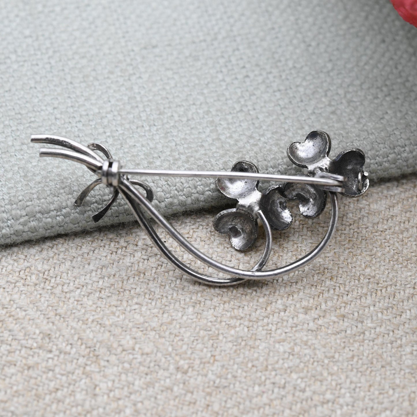 Vintage Silver Openwork Three Leaf Clover Pearl Brooch c. 1960s - Floral and Ribbon Bow Statement Pin | Gift for Her