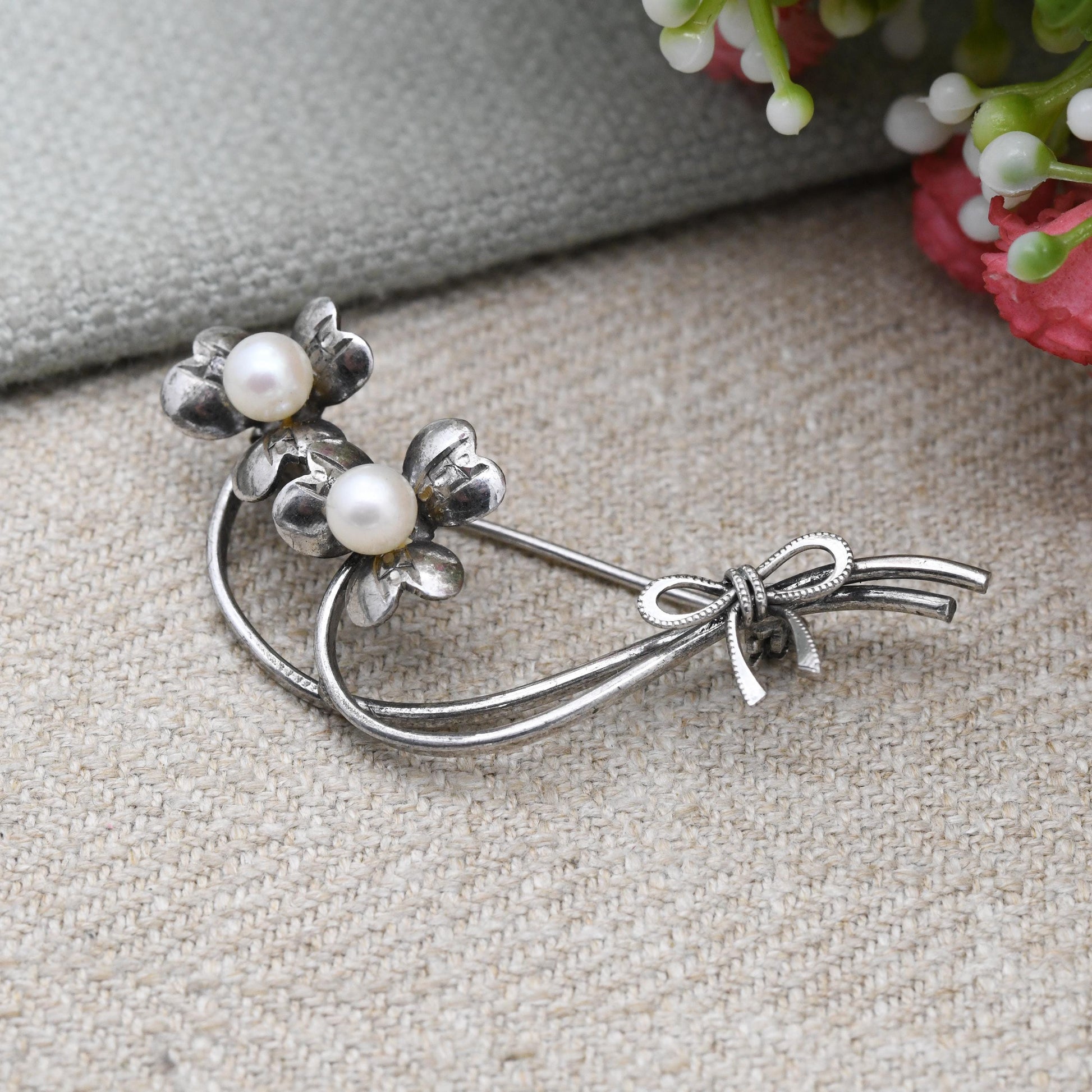 Vintage Silver Openwork Three Leaf Clover Pearl Brooch c. 1960s - Floral and Ribbon Bow Statement Pin | Gift for Her