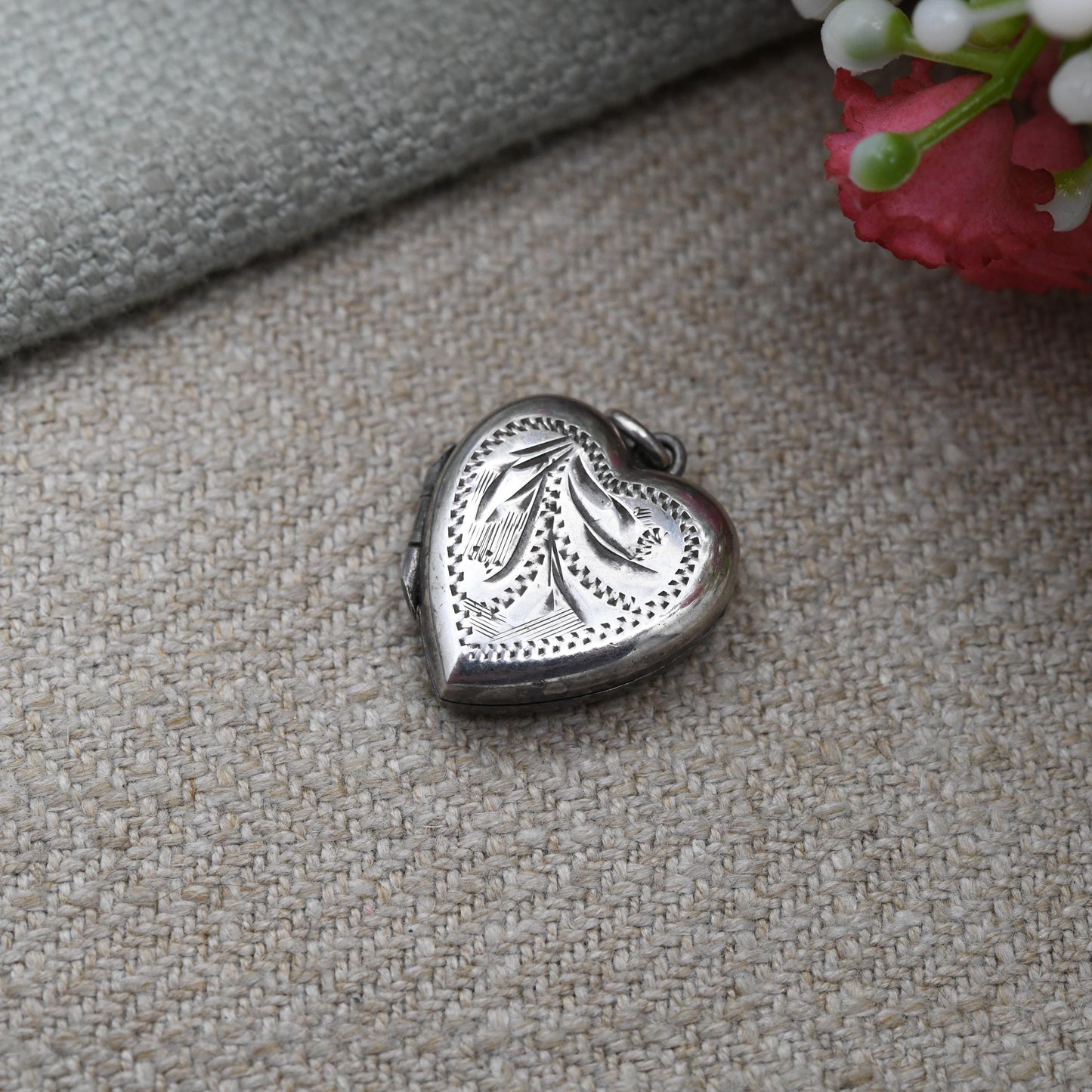 Vintage Sterling Silver Small Heart Locket Pendant with Engraved Floral Design - Love Heart Shape Locket | Gift for Her Charm Necklace Stack