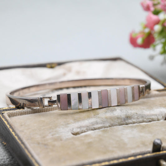 Vintage Sterling Silver Mother Of Pearl Bangle Bracelet - Pink and White stones | Opening Bangle | Hinge Clasp - Gift For Her