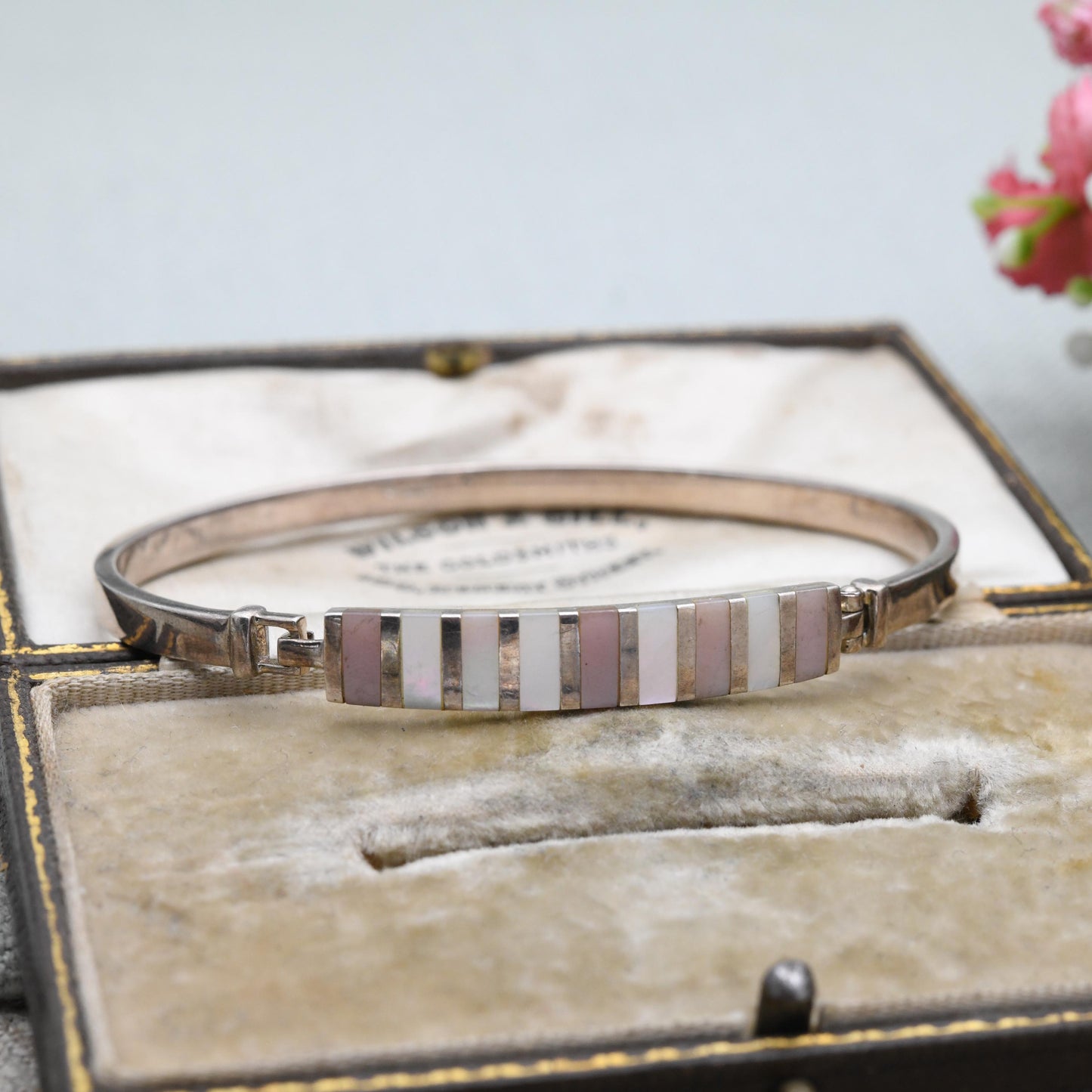 Vintage Sterling Silver Mother Of Pearl Bangle Bracelet - Pink and White stones | Opening Bangle | Hinge Clasp - Gift For Her