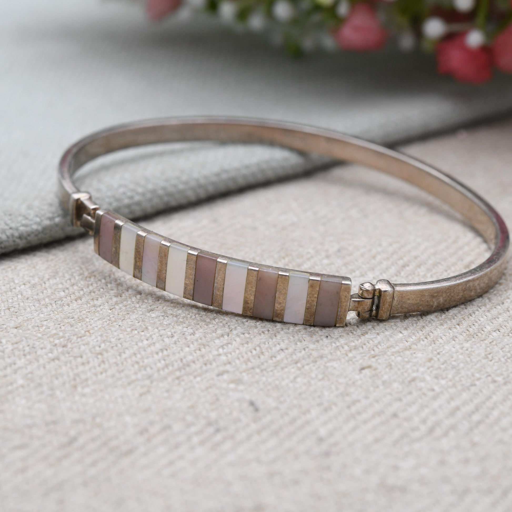 Vintage Sterling Silver Mother Of Pearl Bangle Bracelet - Pink and White stones | Opening Bangle | Hinge Clasp - Gift For Her