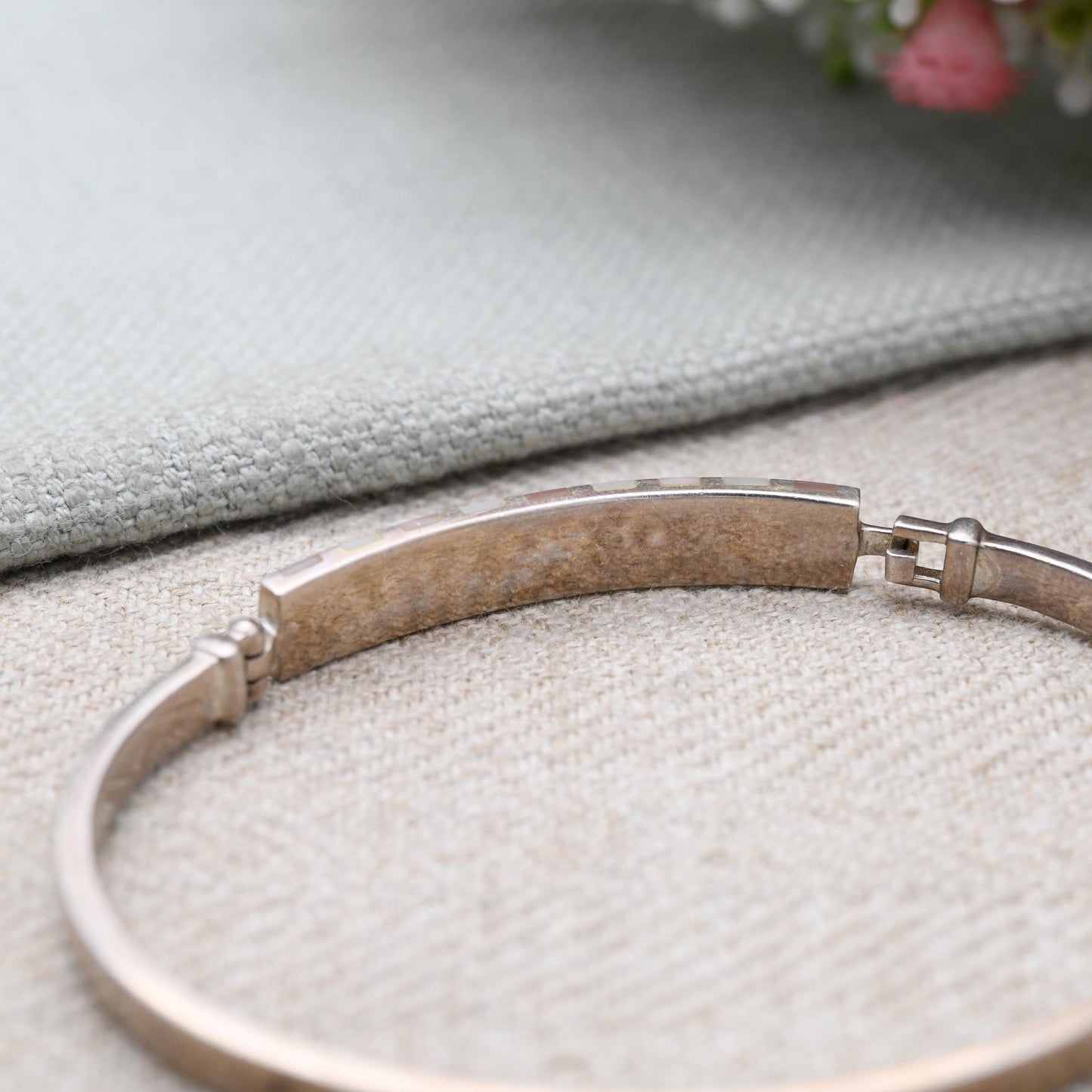 Vintage Sterling Silver Mother Of Pearl Bangle Bracelet - Pink and White stones | Opening Bangle | Hinge Clasp - Gift For Her