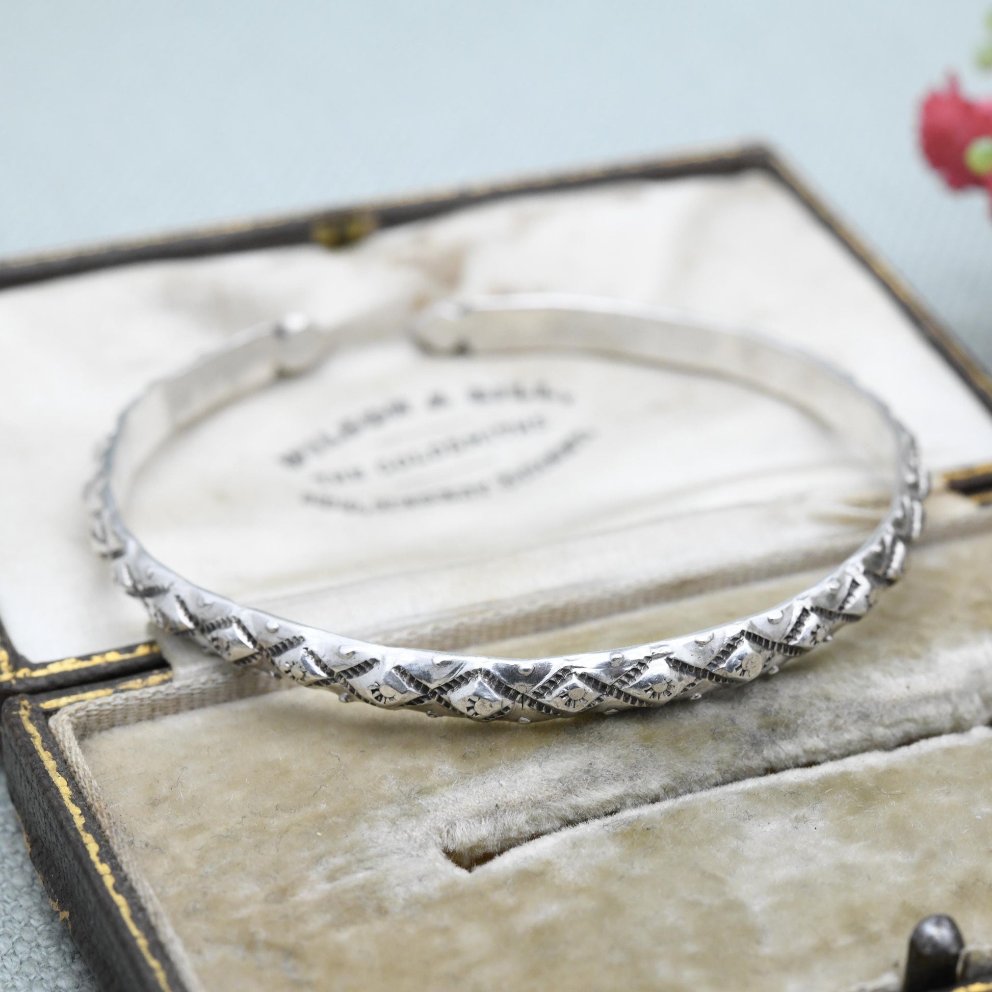 Vintage Sterling Silver Textured Torque Bangle Bracelet - Geometric Diamond Raised Relief Design | Gift for Her