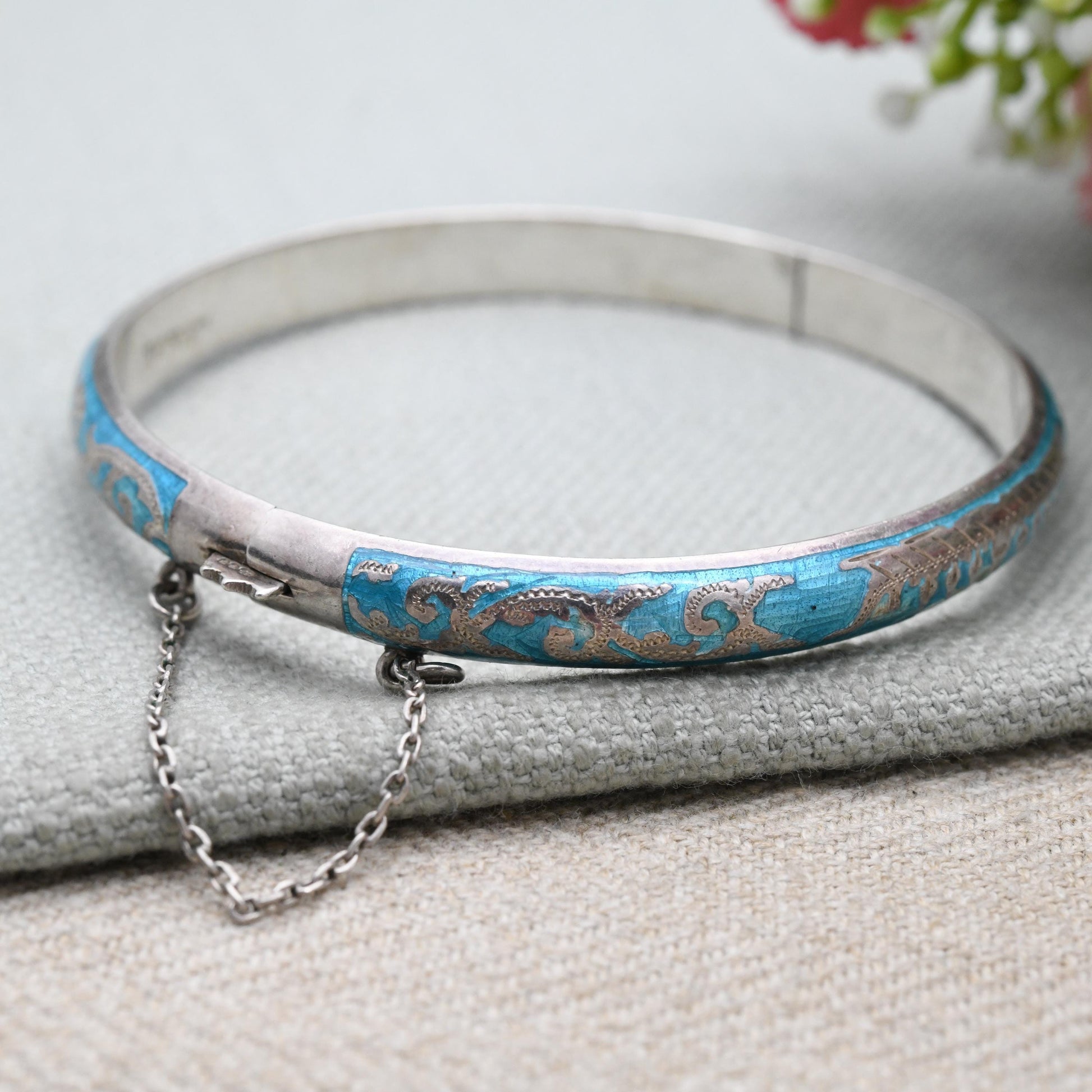 Sterling Silver Siam Blue Niello Boat Bangle Bracelet - Ornate Scrolling and Detailed Engraving Thai Jewellery | Gift for Her