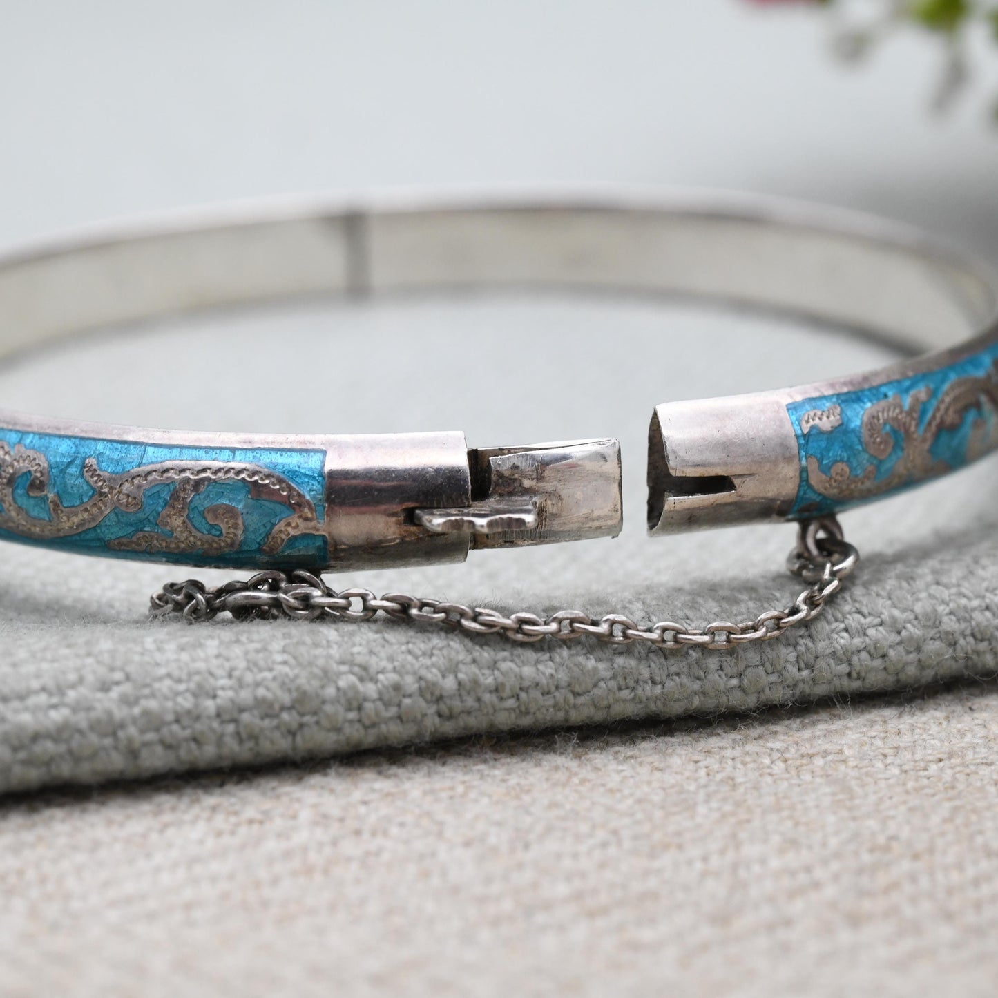 Sterling Silver Siam Blue Niello Boat Bangle Bracelet - Ornate Scrolling and Detailed Engraving Thai Jewellery | Gift for Her